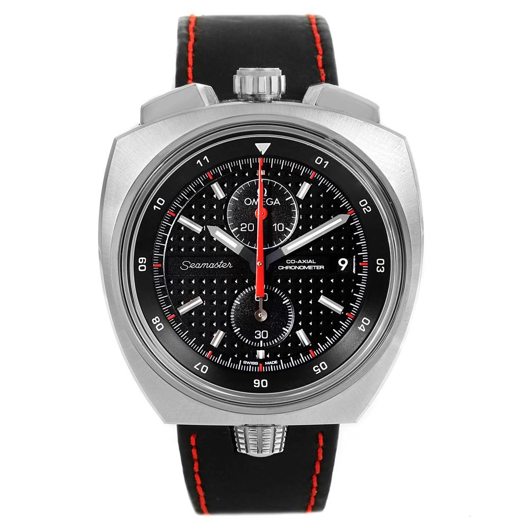 The image shows a front view of the Omega Seamaster 225.12.43.50.01.001 Men's Stainless Steel Black Dial 225.12.43.50.01.001 Men's Stainless Steel Black Dial watch, highlighting its dial, bezel, and strap.