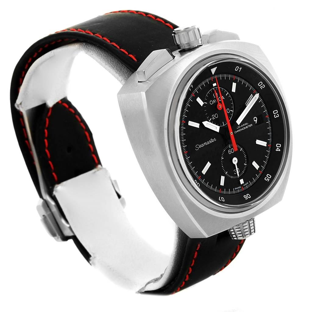 The Omega Seamaster 225.12.43.50.01.001 Men's Stainless Steel Black Dial 225.12.43.50.01.001 Men's Stainless Steel Black Dial watch is shown from a three-quarter angle, highlighting its face, bezel, crown, and black leather strap with red stitching.