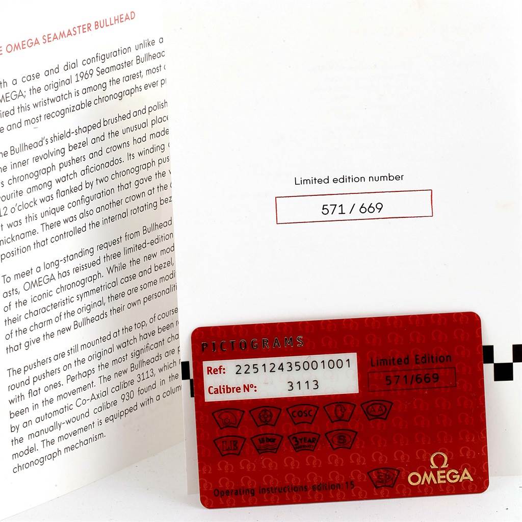 The image shows an Omega Seamaster 225.12.43.50.01.001 Men's Stainless Steel Black Dial 225.12.43.50.01.001 Men's Stainless Steel Black Dial Bullhead's certificate and pictogram card, including reference, caliber number, and limited edition details.