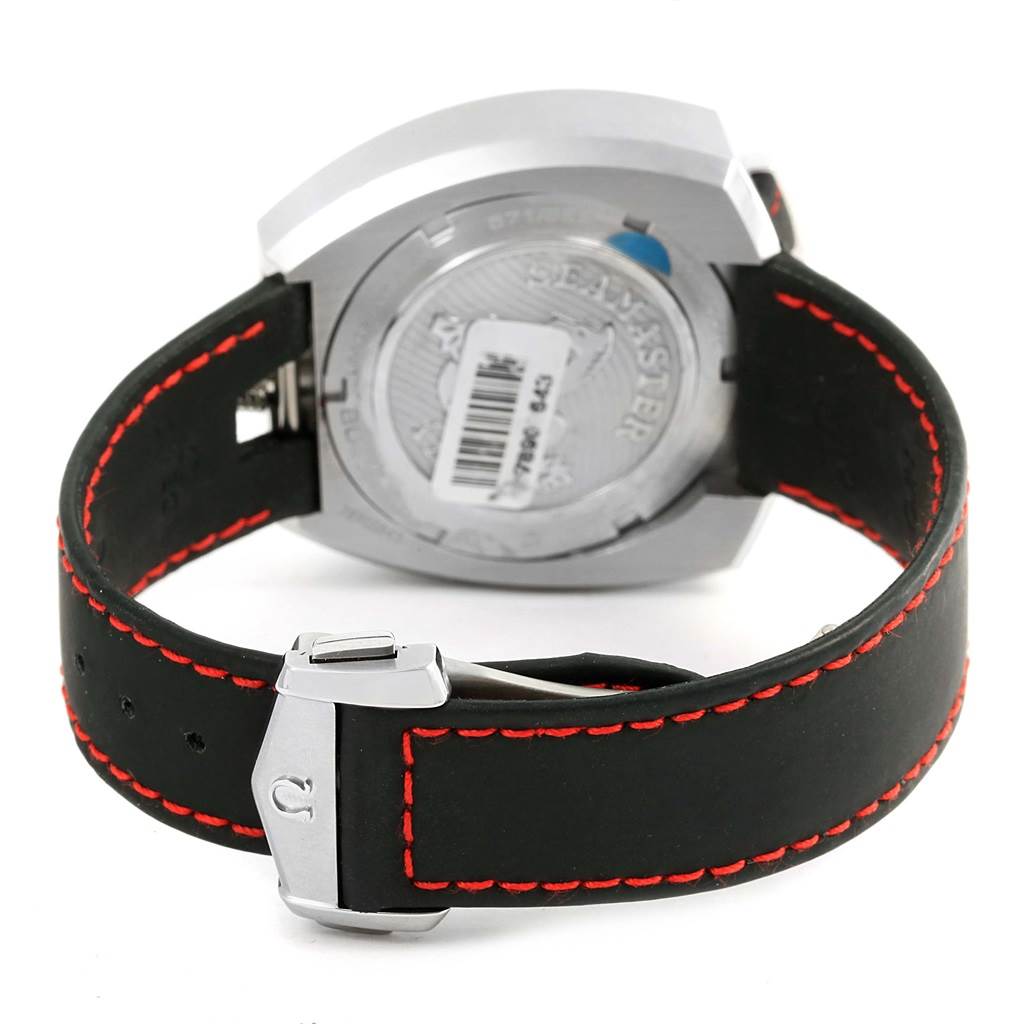 The image shows the back and strap of an Omega Seamaster 225.12.43.50.01.001 Men's Stainless Steel Black Dial 225.12.43.50.01.001 Men's Stainless Steel Black Dial watch, featuring black leather with red stitching and a silver buckle.