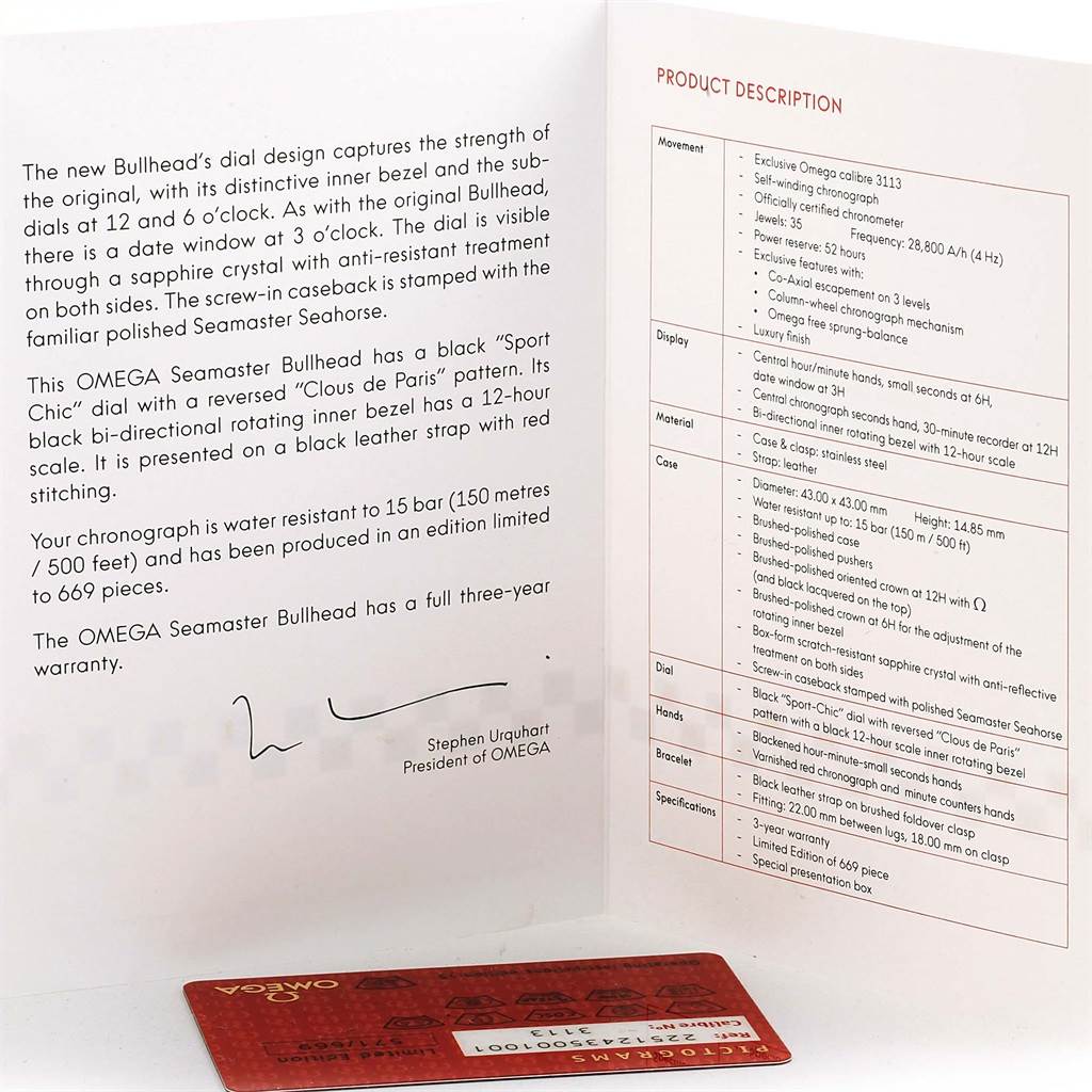 The image shows the product description and warranty card for the Omega Seamaster 225.12.43.50.01.001 Men's Stainless Steel Black Dial 225.12.43.50.01.001 Men's Stainless Steel Black Dial Bullhead watch from a top-down angle.