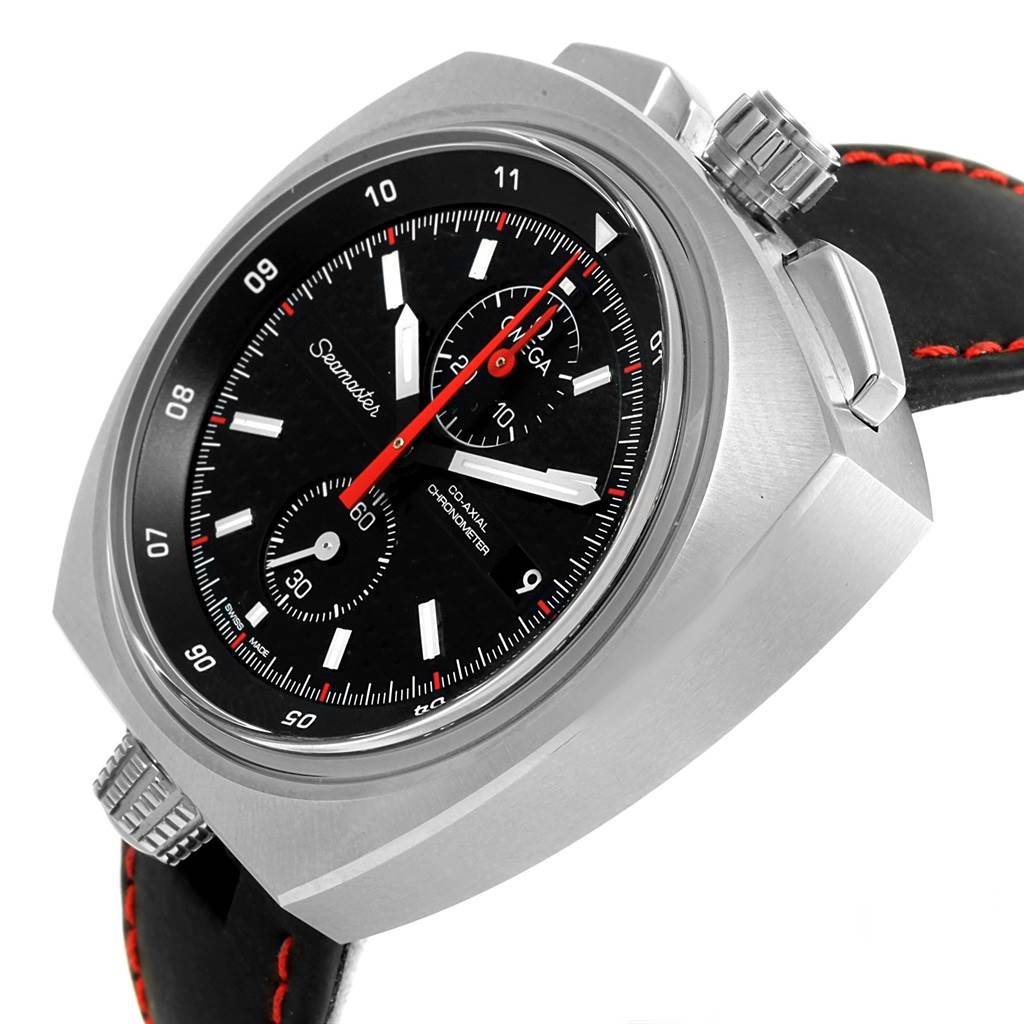 The image shows an angled view of the Omega Seamaster 225.12.43.50.01.001 Men's Stainless Steel Black Dial 225.12.43.50.01.001 Men's Stainless Steel Black Dial watch, highlighting the dial, case, crown, and strap with red stitching.