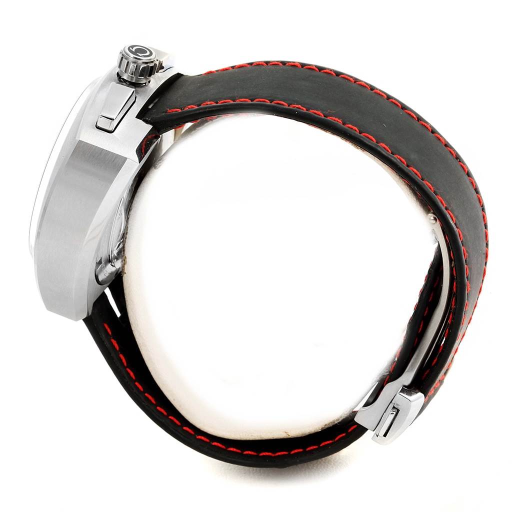 The image shows a side view of an Omega Seamaster 225.12.43.50.01.001 Men's Stainless Steel Black Dial 225.12.43.50.01.001 Men's Stainless Steel Black Dial watch, highlighting its crown, case, and leather strap with red stitching.