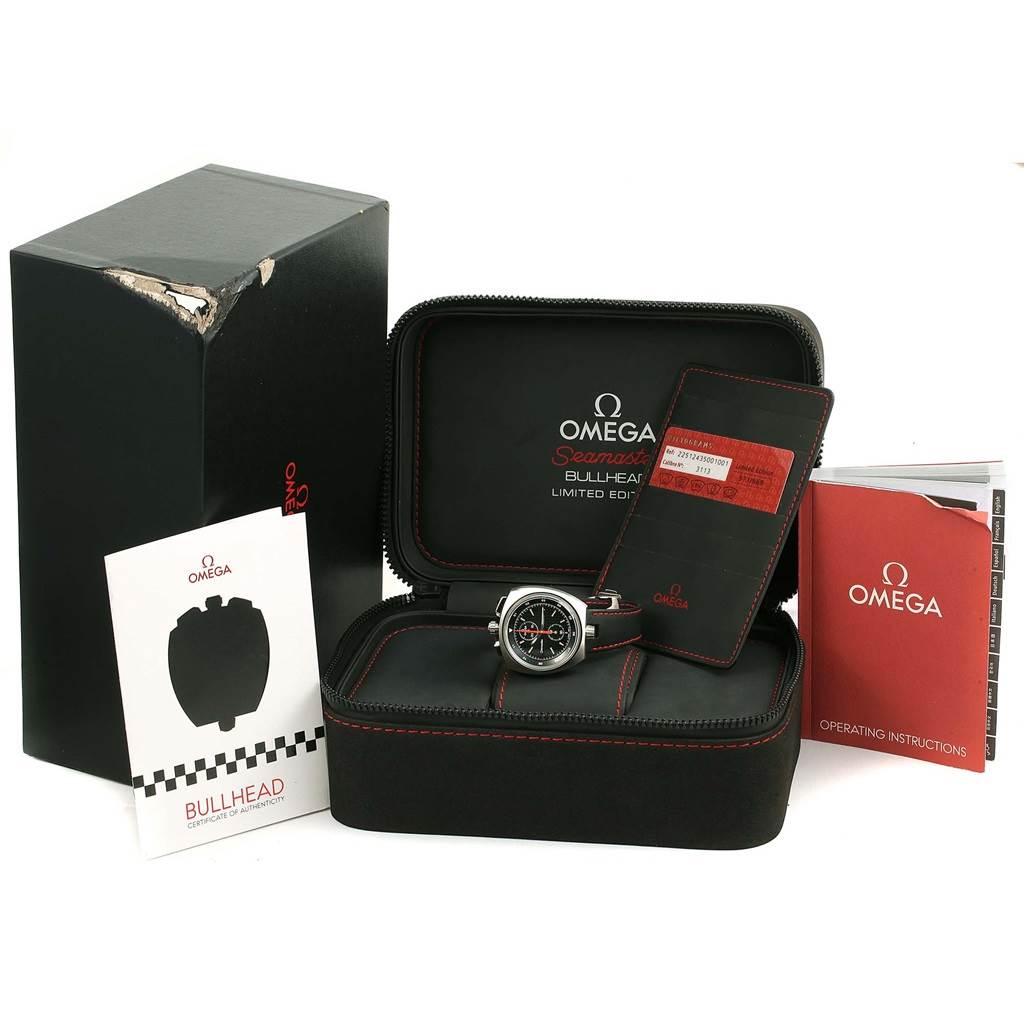 The Omega Seamaster 225.12.43.50.01.001 Men's Stainless Steel Black Dial 225.12.43.50.01.001 Men's Stainless Steel Black Dial watch and its accessories are shown from a front angle, including the box, warranty card, manual, and authenticity card.