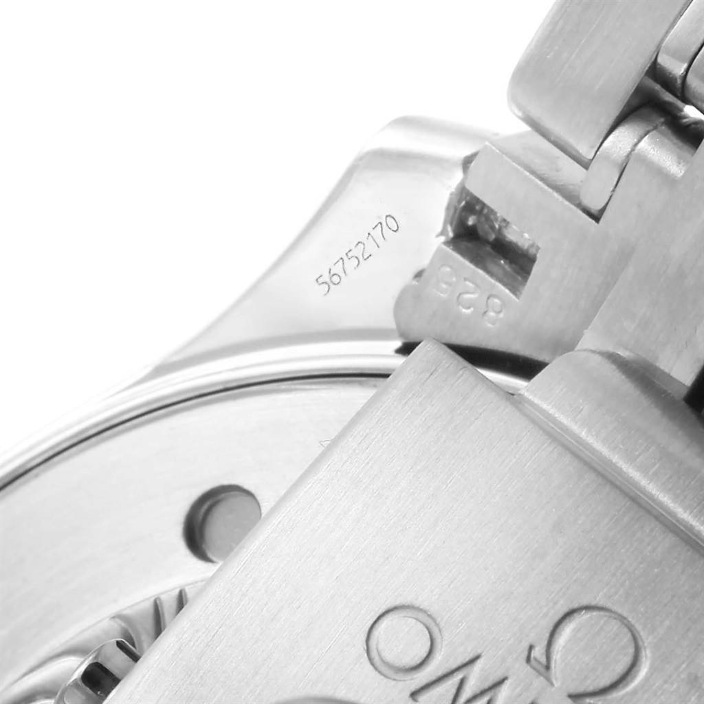 The image shows a close-up of the bracelet and part of the case back of an Omega Seamaster 2541.80.00 Men
s Stainless Steel Blue Dial 2541.80.00 Men
s Stainless Steel Blue Dial watch with visible serial numbers.