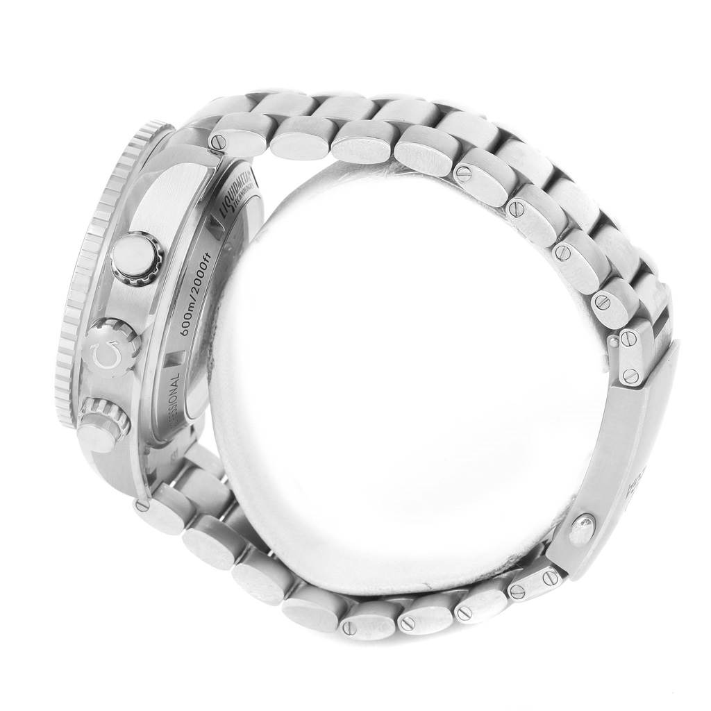 Side view of the Omega Seamaster 232.90.46.51.03.001 Men's Titanium Blue Dial 232.90.46.51.03.001 Men's Titanium Blue Dial watch showcasing its crown, pushers, and bracelet.