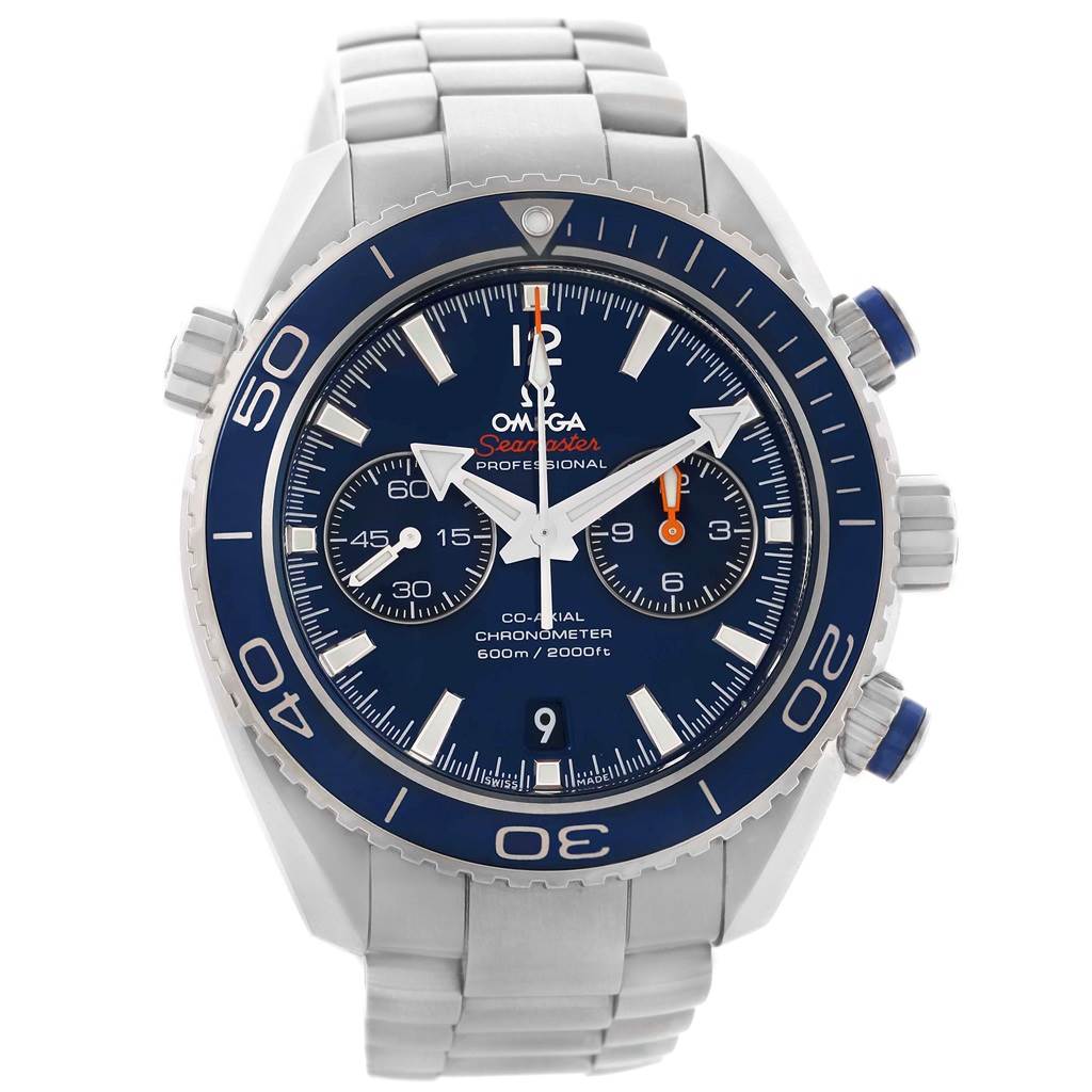 The image shows a front view of the Omega Seamaster 232.90.46.51.03.001 Men's Titanium Blue Dial 232.90.46.51.03.001 Men's Titanium Blue Dial watch, highlighting its face, bezel, and metal bracelet.