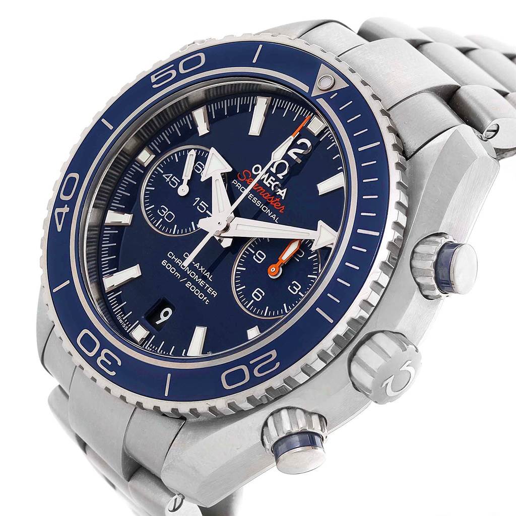 This Omega Seamaster 232.90.46.51.03.001 Men's Titanium Blue Dial 232.90.46.51.03.001 Men's Titanium Blue Dial watch is shown at a three-quarter angle, highlighting the bezel, dial, subdials, and part of the bracelet.