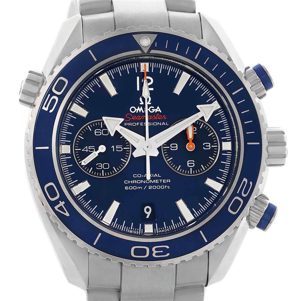 This is a front view of the Omega Seamaster 232.90.46.51.03.001 Men's Titanium Blue Dial 232.90.46.51.03.001 Men's Titanium Blue Dial model, showing the dial, bezel, chronograph subdials, and bracelet partially.