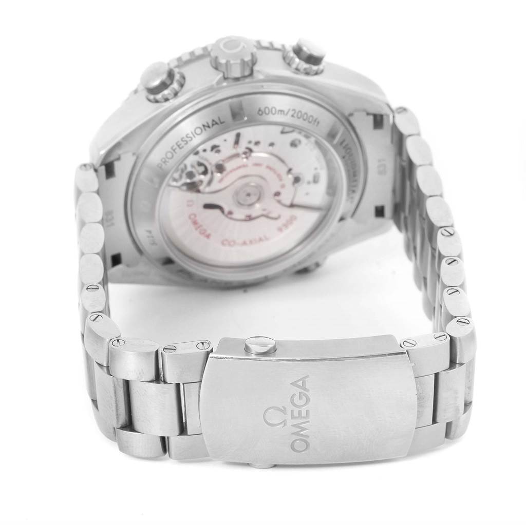 This image shows the back and bracelet of an Omega Seamaster 232.90.46.51.03.001 Men's Titanium Blue Dial 232.90.46.51.03.001 Men's Titanium Blue Dial watch, focusing on the clasp and mechanical movement.