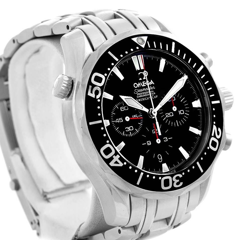 The image shows an Omega Seamaster 2594.52.00 Men
s Stainless Steel Black Dial 2594.52.00 Men
s Stainless Steel Black Dial watch at an angled view, highlighting the bezel, dial, crown, and part of the bracelet.
