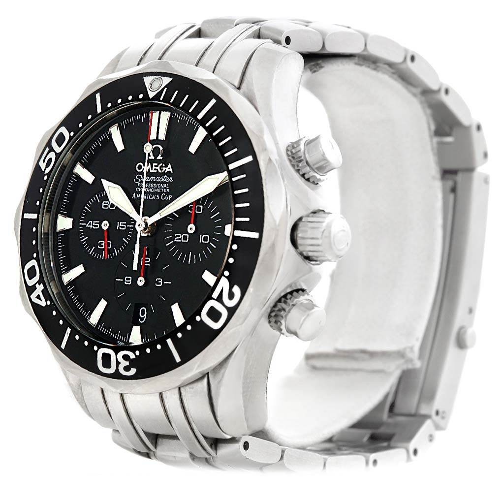 The image shows an angled side view of an Omega Seamaster 2594.52.00 Men
s Stainless Steel Black Dial 2594.52.00 Men
s Stainless Steel Black Dial watch, highlighting its bezel, dial, crown, pushers, and bracelet.