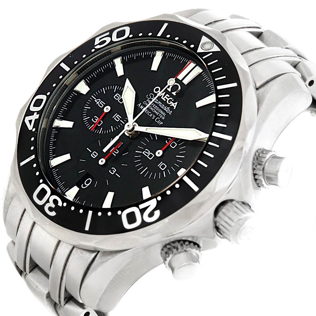 The image shows an angled view of the Omega Seamaster 2594.52.00 Men
s Stainless Steel Black Dial 2594.52.00 Men
s Stainless Steel Black Dial watch, highlighting its face, bezel, and side crown buttons.