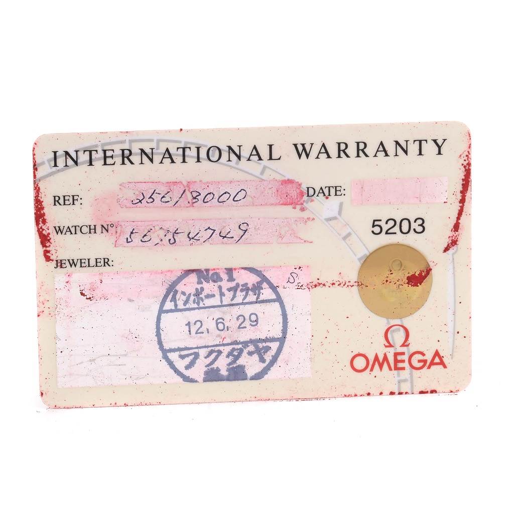 The image shows an Omega Seamaster 2561.80.00 Men
s Stainless Steel Blue Dial 2561.80.00 Men
s Stainless Steel Blue Dial International Warranty card with details such as reference number and purchase information.