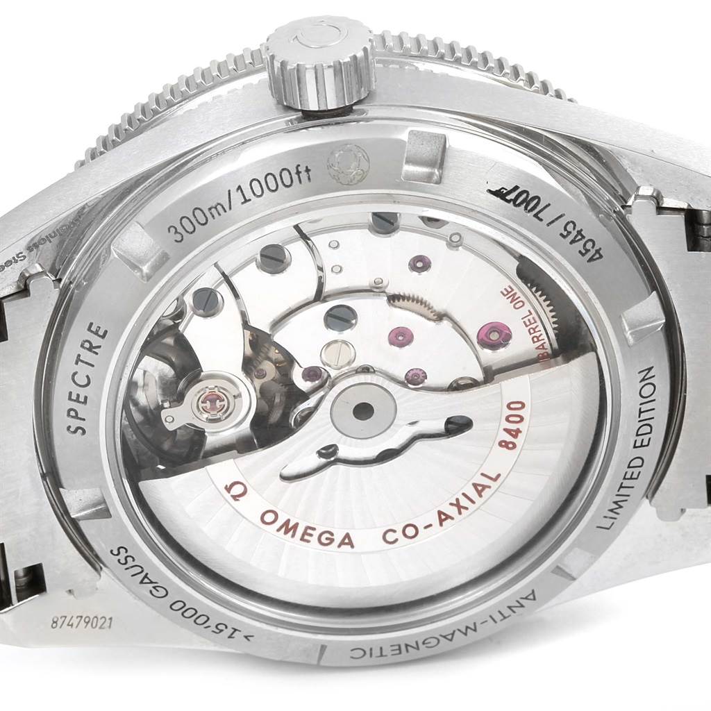 The image shows the backside of the Omega Seamaster 233.32.41.21.01.001 Men's Stainless Steel Black Dial 233.32.41.21.01.001 Men's Stainless Steel Black Dial watch, revealing its inner mechanical parts through a transparent case back.