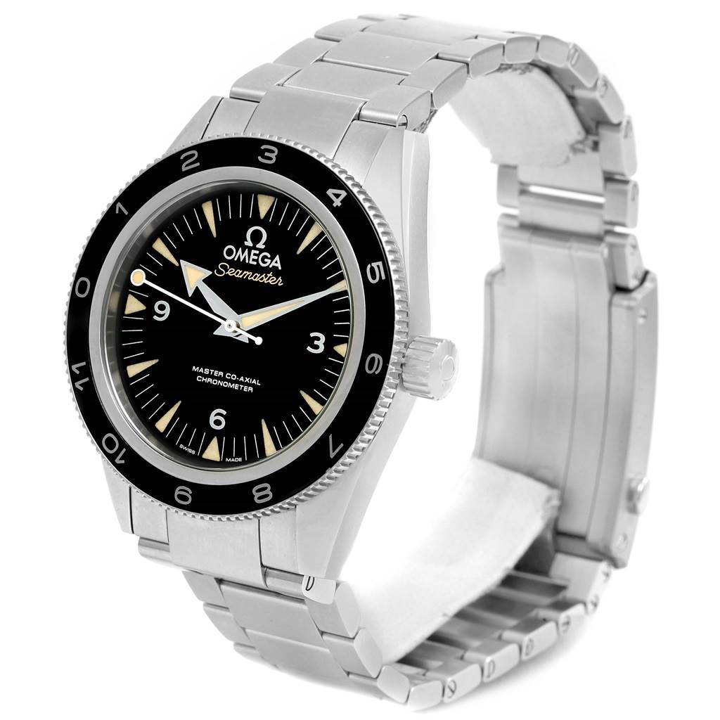 The Omega Seamaster 233.32.41.21.01.001 Men's Stainless Steel Black Dial 233.32.41.21.01.001 Men's Stainless Steel Black Dial watch is shown at a slight angle, highlighting the dial, bezel, crown, and bracelet.
