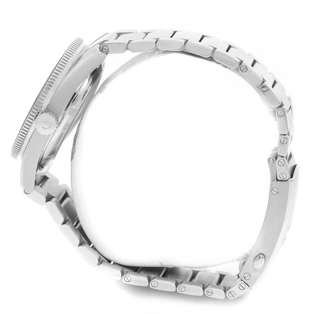 The image shows a side profile of an Omega Seamaster 233.32.41.21.01.001 Men's Stainless Steel Black Dial 233.32.41.21.01.001 Men's Stainless Steel Black Dial watch, focusing on the case and metal bracelet.