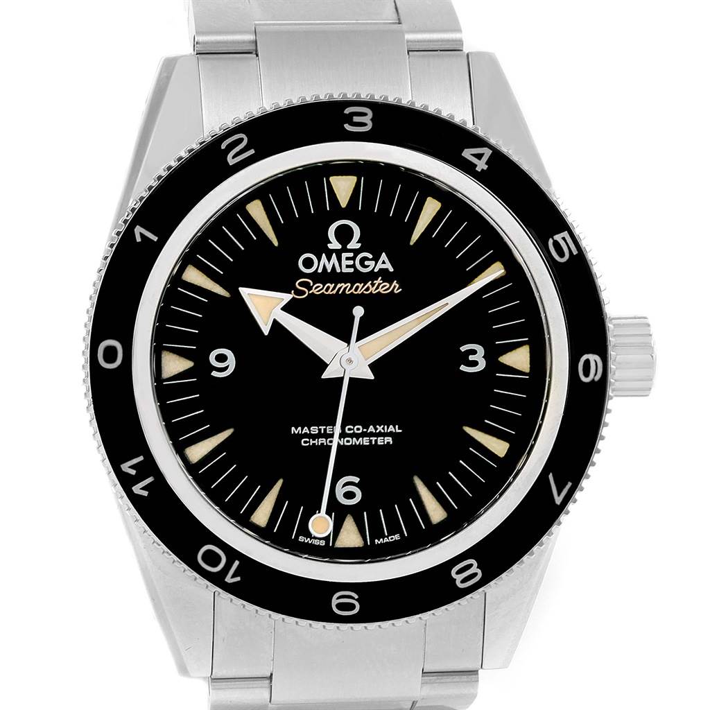 The image shows a front view of an Omega Seamaster 233.32.41.21.01.001 Men's Stainless Steel Black Dial 233.32.41.21.01.001 Men's Stainless Steel Black Dial watch, highlighting the dial, bezel, hands, and part of the bracelet.