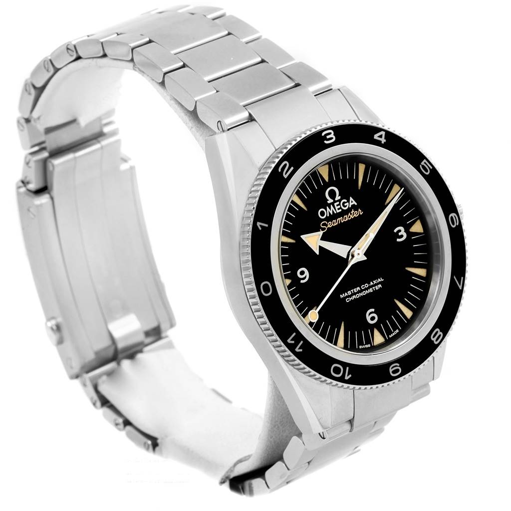 The image shows an Omega Seamaster 233.32.41.21.01.001 Men's Stainless Steel Black Dial 233.32.41.21.01.001 Men's Stainless Steel Black Dial watch at a three-quarter angle, displaying its face, bezel, and stainless steel bracelet.