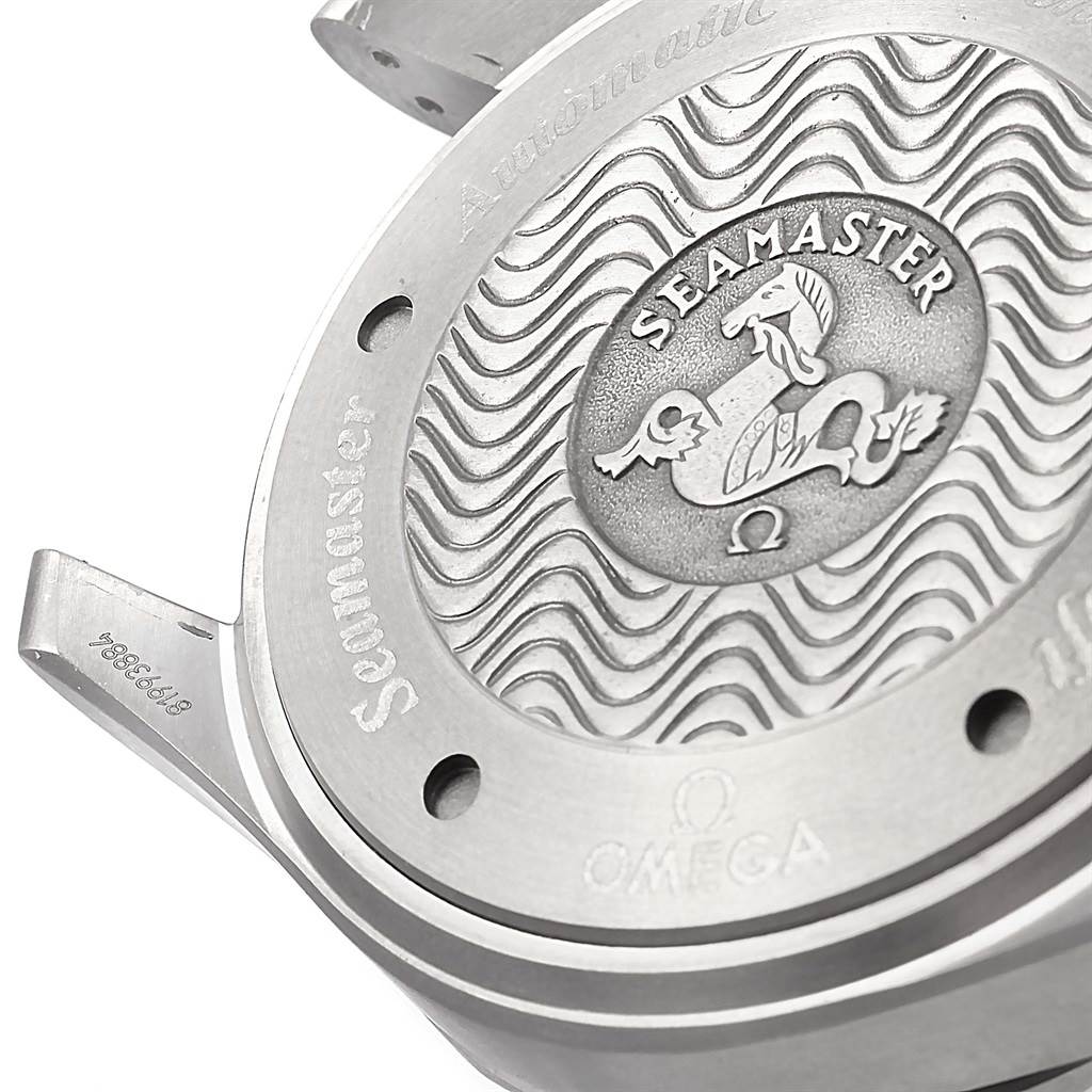 This image shows the back case of an Omega Seamaster 2269.52.00 Men's Titanium Black Dial 2269.52.00 Men's Titanium Black Dial watch at an angle.