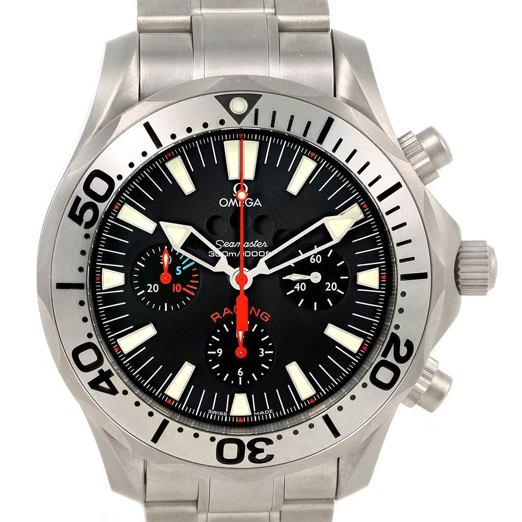The image shows a front view of an Omega Seamaster 2269.52.00 Men's Titanium Black Dial 2269.52.00 Men's Titanium Black Dial watch, highlighting the dial, bezel, and part of the bracelet.