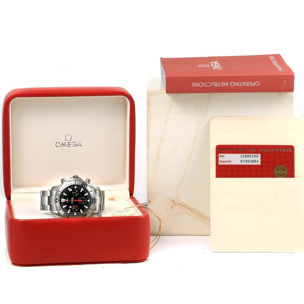 The Omega Seamaster 2269.52.00 Men's Titanium Black Dial 2269.52.00 Men's Titanium Black Dial watch is shown front-facing in a red box, with the operating instructions and a certificate beside it.