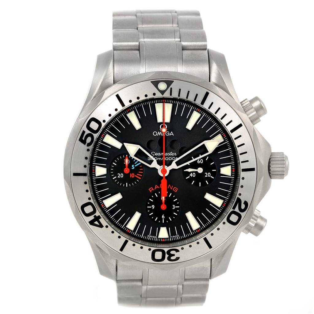 The image shows a front view of the Omega Seamaster 2269.52.00 Men's Titanium Black Dial 2269.52.00 Men's Titanium Black Dial watch, highlighting the dial, bezel, and bracelet.