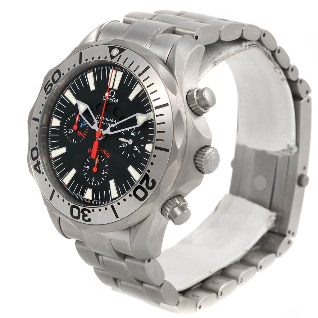 The image shows an Omega Seamaster 2269.52.00 Men's Titanium Black Dial 2269.52.00 Men's Titanium Black Dial watch at a three-quarter angle, highlighting the face, bezel, crown, pushers, and metal bracelet.