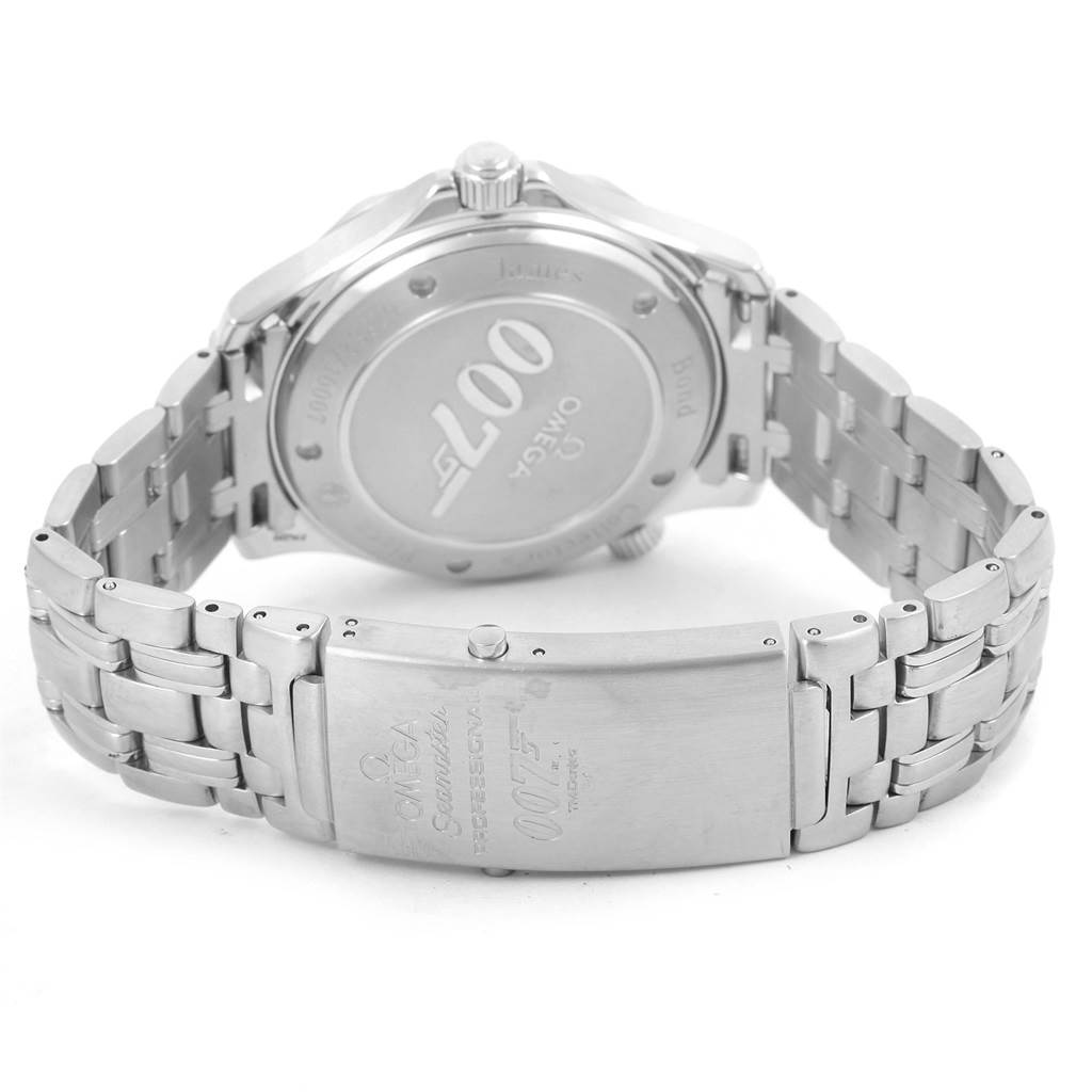 The image shows the back view of an Omega Seamaster 212.30.41.20.01.001 Men's Stainless Steel Black Dial 212.30.41.20.01.001 Men's Stainless Steel Black Dial watch, highlighting the case back and metal bracelet.