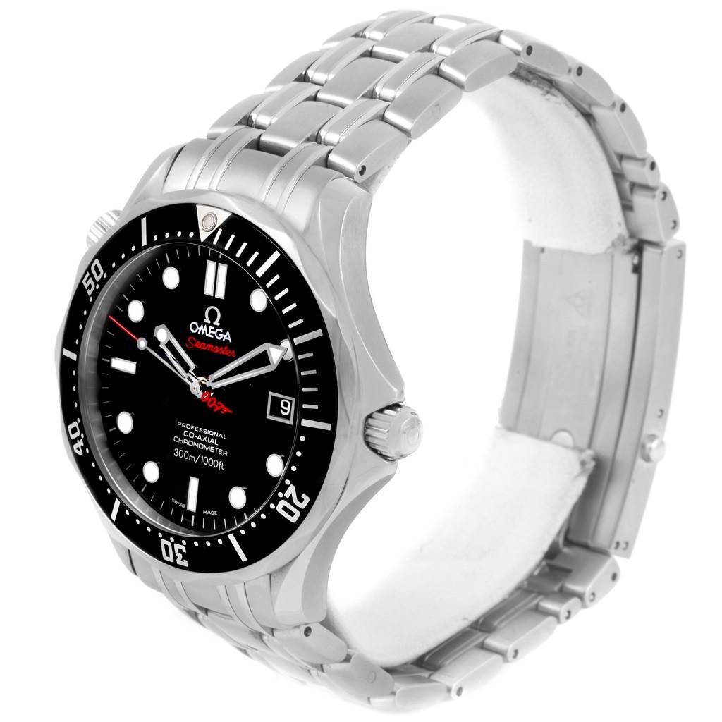 The image shows an angled view of an Omega Seamaster 212.30.41.20.01.001 Men's Stainless Steel Black Dial 212.30.41.20.01.001 Men's Stainless Steel Black Dial watch, focusing on the watch face, bezel, crown, and stainless steel bracelet.