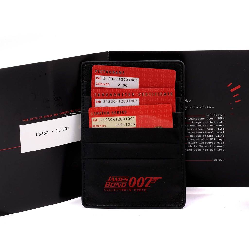 The image shows warranty and authenticity cards for an Omega Seamaster 212.30.41.20.01.001 Men's Stainless Steel Black Dial 212.30.41.20.01.001 Men's Stainless Steel Black Dial model, including a "James Bond 007 Collector's Piece" cardholder.