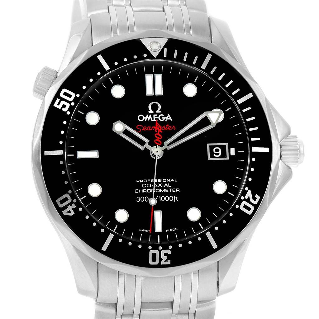 The image shows a frontal view of an Omega Seamaster 212.30.41.20.01.001 Men's Stainless Steel Black Dial 212.30.41.20.01.001 Men's Stainless Steel Black Dial watch, highlighting the dial, bezel, and a portion of the metal bracelet.