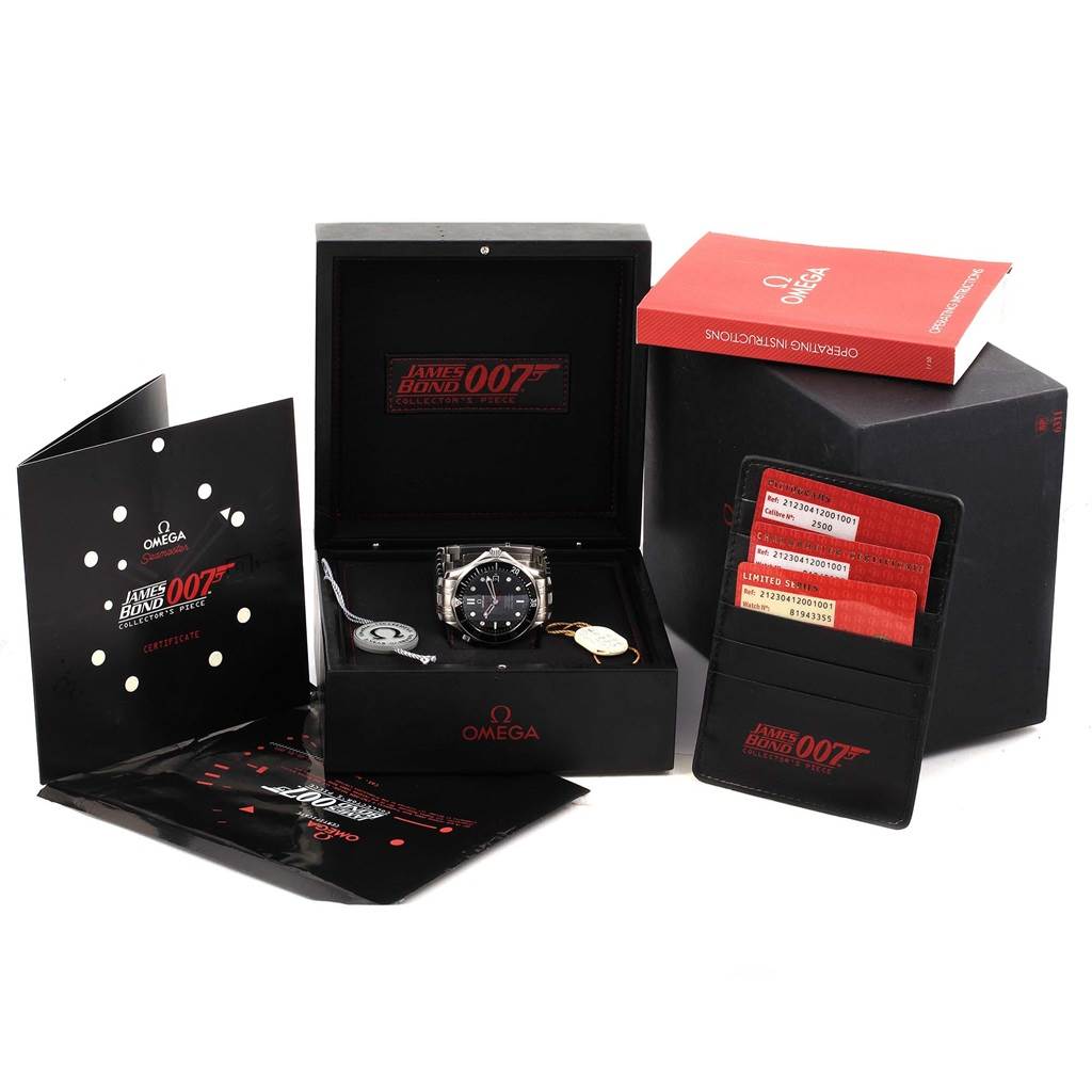The image shows an Omega Seamaster 212.30.41.20.01.001 Men's Stainless Steel Black Dial 212.30.41.20.01.001 Men's Stainless Steel Black Dial watch with its case, certificates, and accessories, including a booklet and warranty cards.