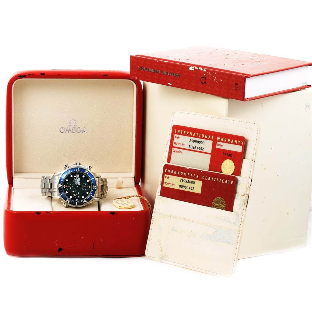 The Omega Seamaster 2599.80.00 Men
s Stainless Steel Blue Dial 2599.80.00 Men
s Stainless Steel Blue Dial watch is shown front-facing with its box, warranty, and certificate.