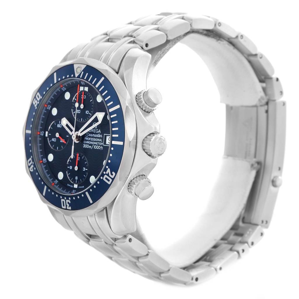 The image shows an Omega Seamaster 2599.80.00 Men
s Stainless Steel Blue Dial 2599.80.00 Men
s Stainless Steel Blue Dial watch at a side angle, highlighting the face, crown, pushers, and bracelet.