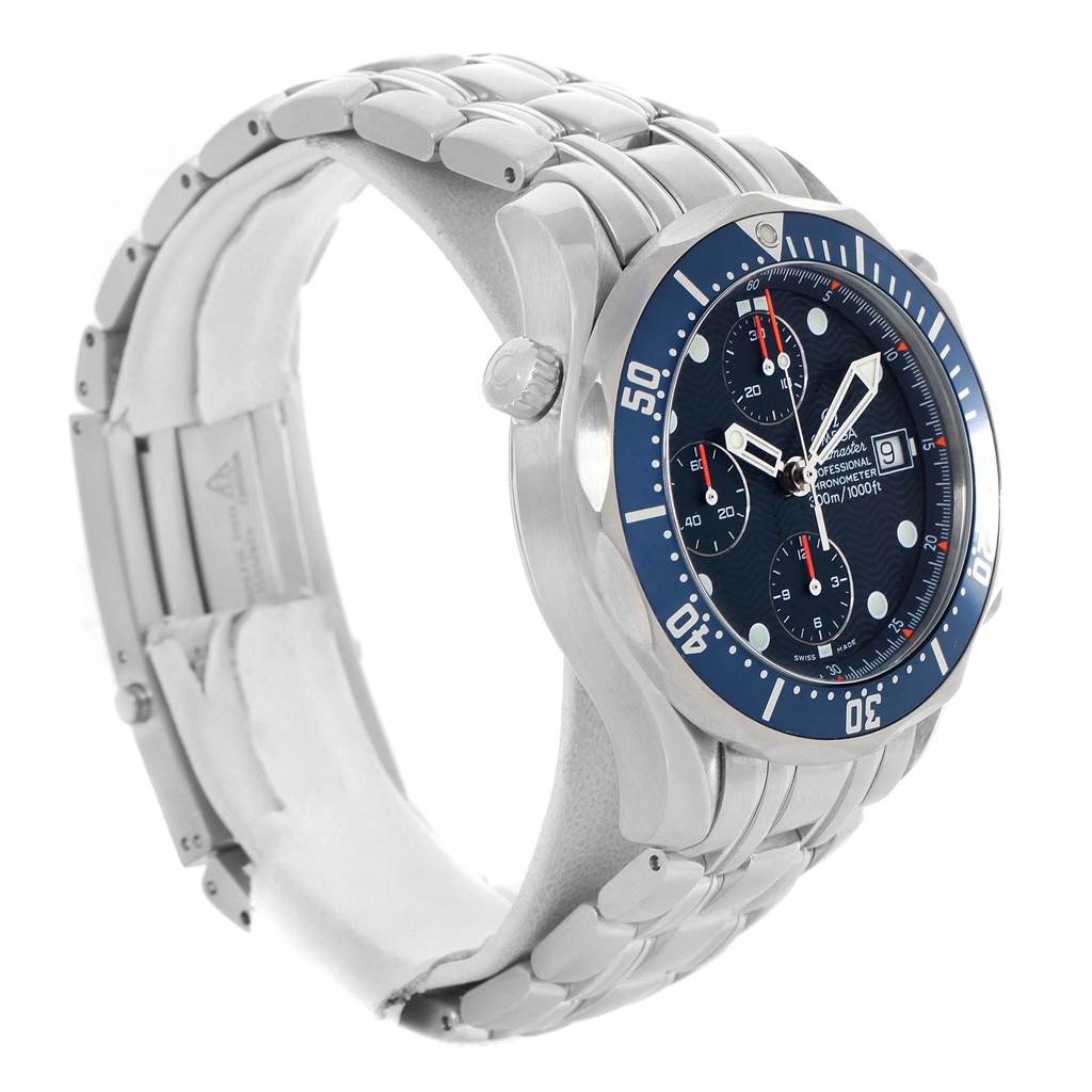 The image shows an Omega Seamaster 2599.80.00 Men
s Stainless Steel Blue Dial 2599.80.00 Men
s Stainless Steel Blue Dial watch at a slight angle, highlighting its face, bezel, crown, and metal bracelet.