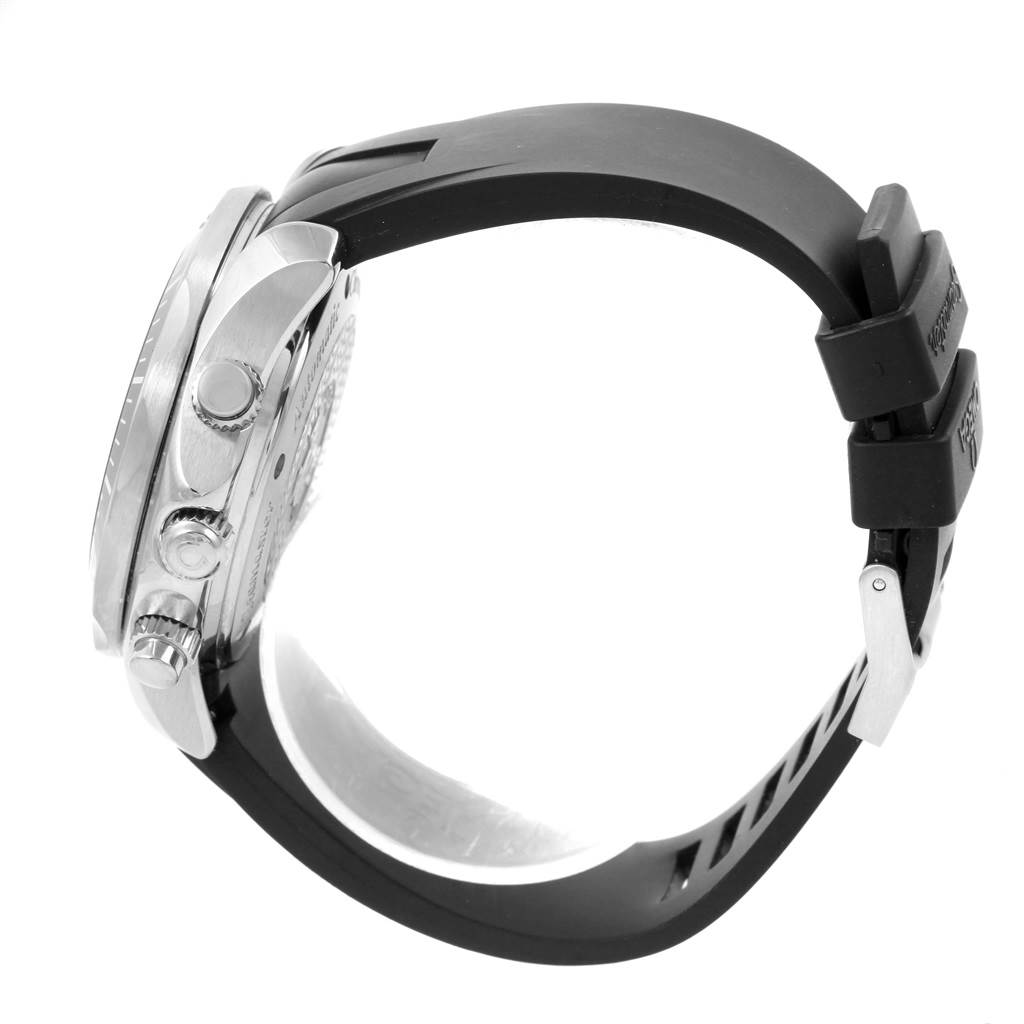 The image shows a side view of an Omega Seamaster 2569.52.00 Men
s Stainless Steel Black Dial 2569.52.00 Men
s Stainless Steel Black Dial watch, highlighting its case, crown, chronograph pushers, and strap.
