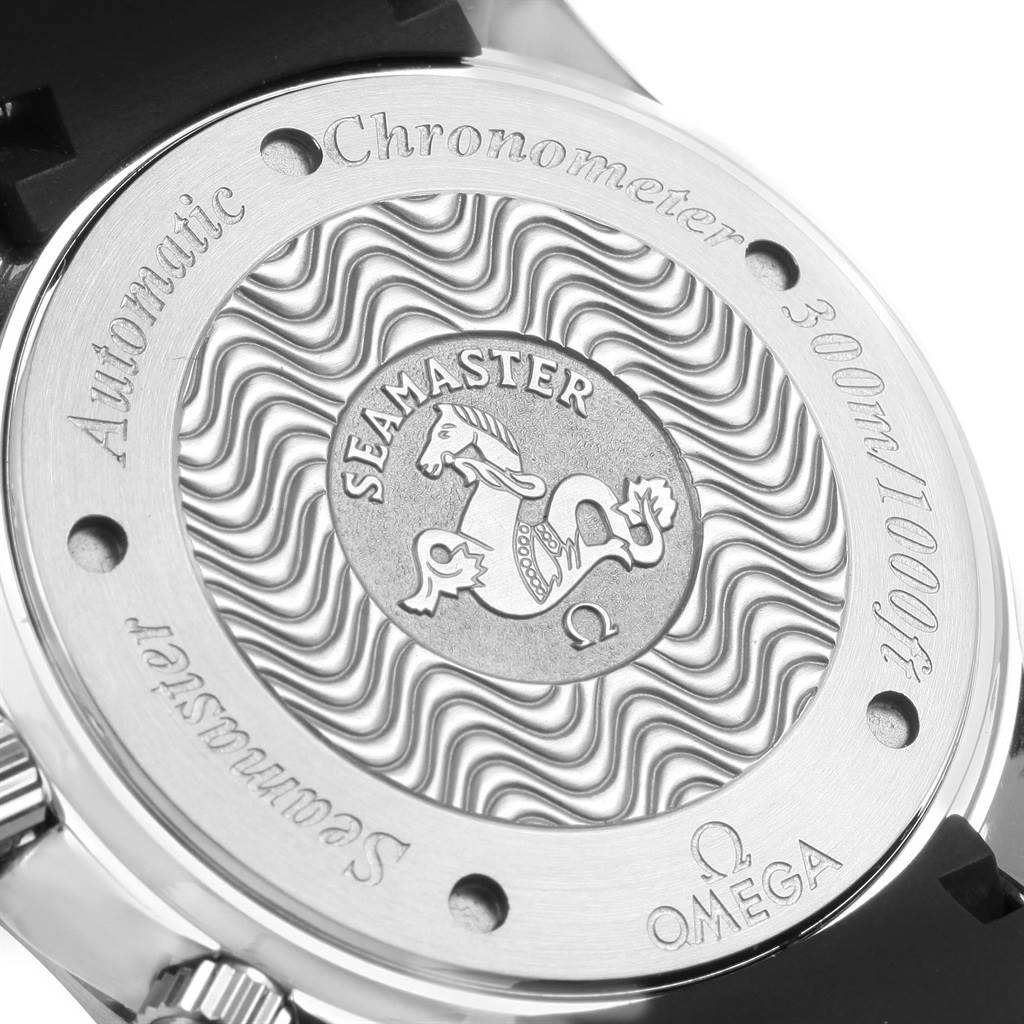 This image shows the case back of an Omega Seamaster 2569.52.00 Men
s Stainless Steel Black Dial 2569.52.00 Men
s Stainless Steel Black Dial watch, highlighting its engraved details and branding.