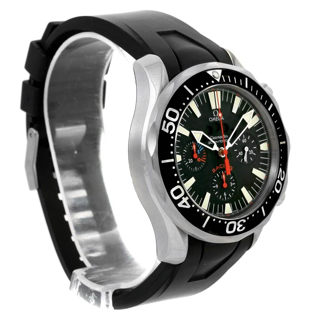 The Omega Seamaster 2569.52.00 Men
s Stainless Steel Black Dial 2569.52.00 Men
s Stainless Steel Black Dial watch is shown at a 3/4 angle, displaying the face, bezel, and black rubber strap.