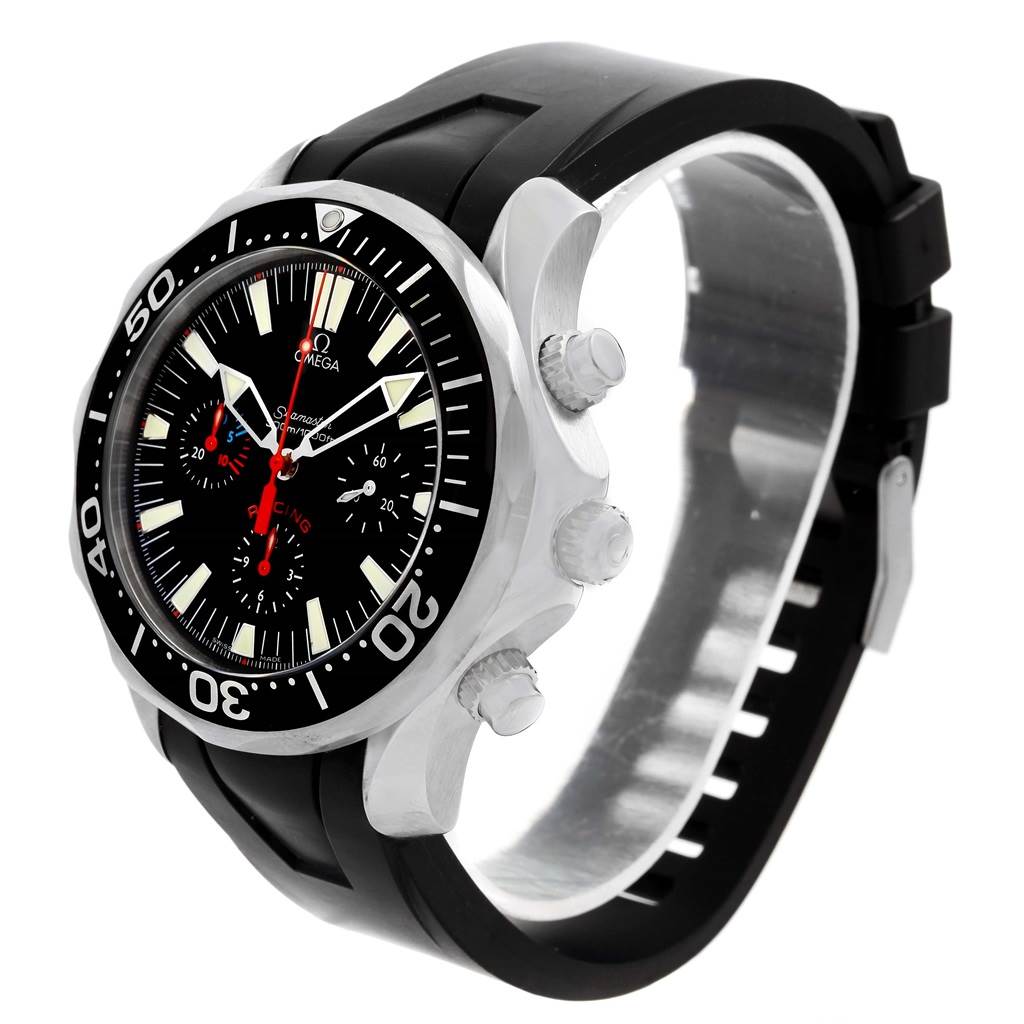 The Omega Seamaster 2569.52.00 Men
s Stainless Steel Black Dial 2569.52.00 Men
s Stainless Steel Black Dial watch is shown at an angle displaying the face, bezel, case, crown, pushers, and strap.