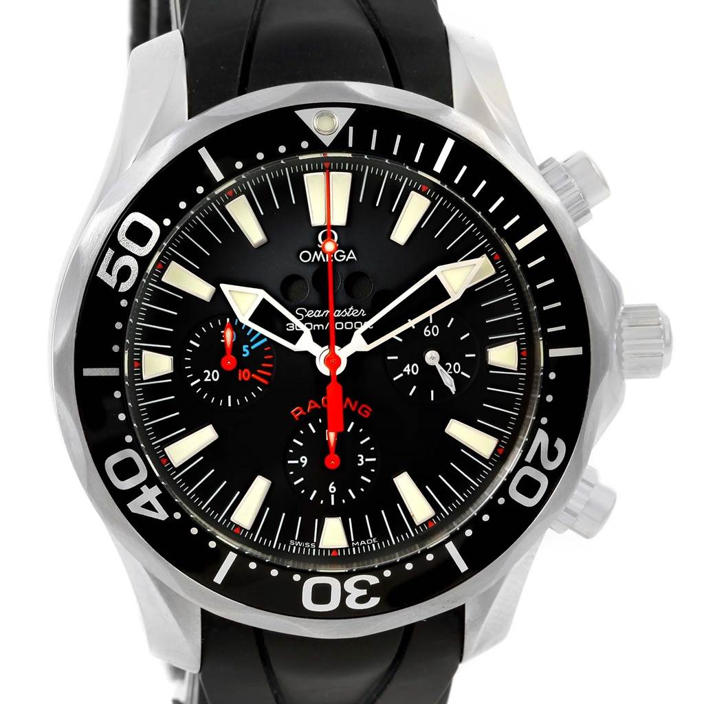 This Omega Seamaster 2569.52.00 Men
s Stainless Steel Black Dial 2569.52.00 Men
s Stainless Steel Black Dial watch is shown from the front, featuring its black dial, chronograph, and black bezel.