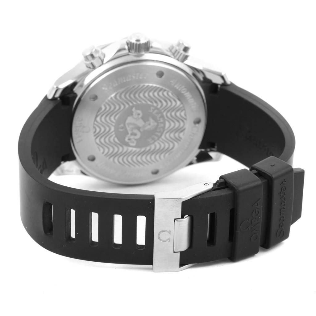 The image shows the back view of an Omega Seamaster 2569.52.00 Men
s Stainless Steel Black Dial 2569.52.00 Men
s Stainless Steel Black Dial watch, highlighting its case back, buttons, and rubber strap with clasp.