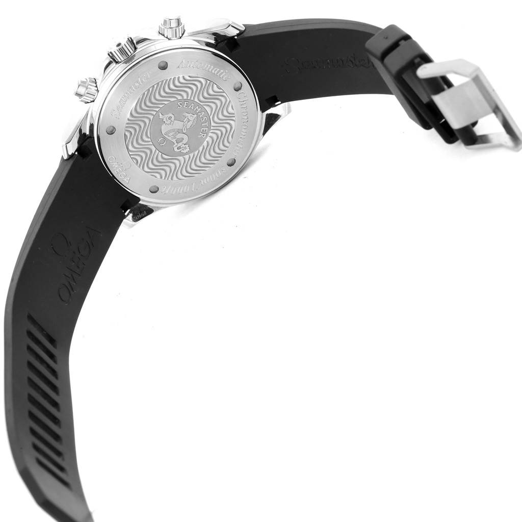 This image shows the back case and rubber strap of the Omega Seamaster 2569.52.00 Men
s Stainless Steel Black Dial 2569.52.00 Men
s Stainless Steel Black Dial watch from a rear angle.