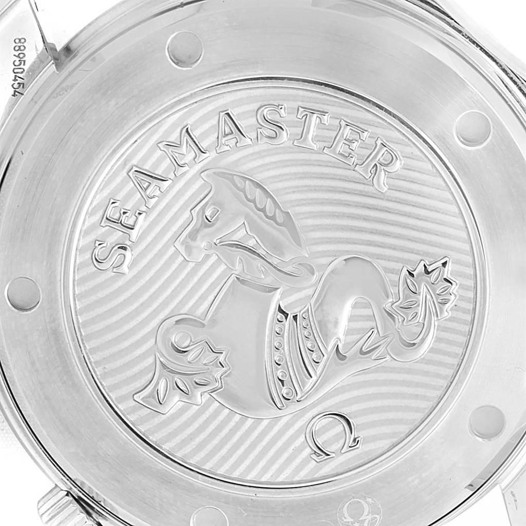 The image shows the case back of an Omega Seamaster 212.30.41.20.01.003 Men
s Stainless Steel Black Dial 212.30.41.20.01.003 Men
s Stainless Steel Black Dial watch, featuring its logo and decorative engravings.