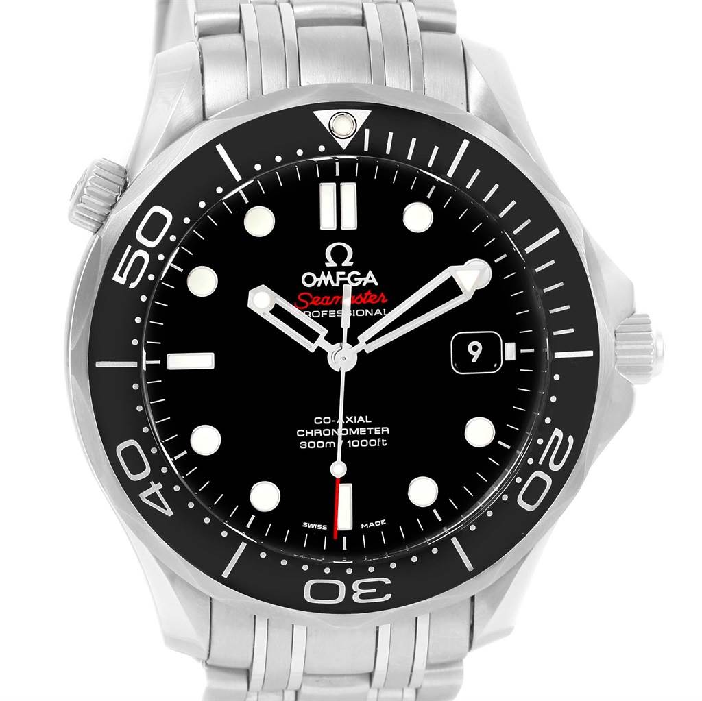 The image shows a front view of an Omega Seamaster 212.30.41.20.01.003 Men
s Stainless Steel Black Dial 212.30.41.20.01.003 Men
s Stainless Steel Black Dial, highlighting the dial, bezel, and part of the bracelet.