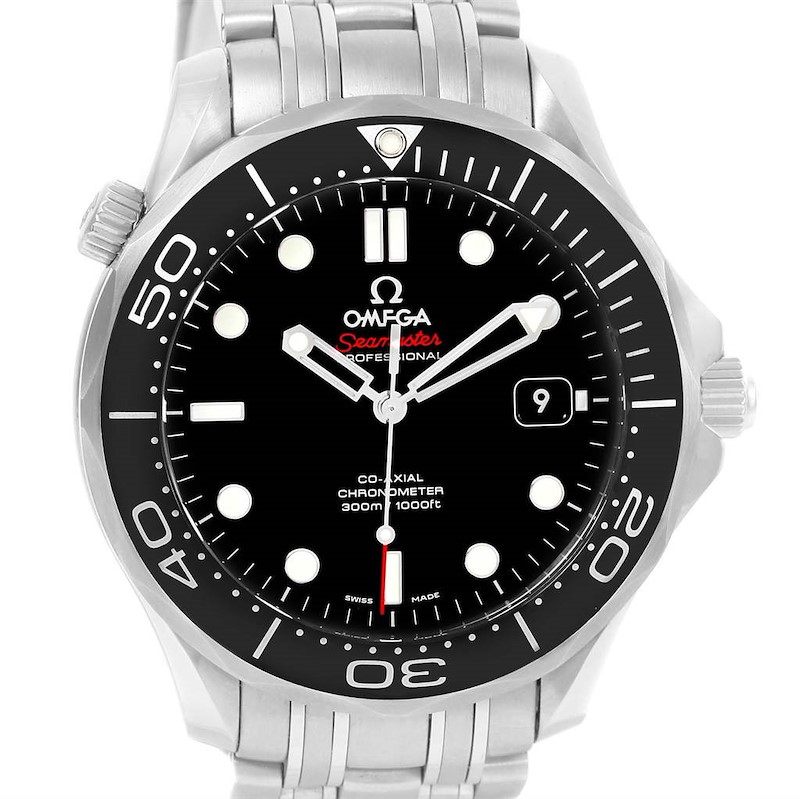 The image shows a front view of an Omega Seamaster, highlighting the dial, bezel, and part of the bracelet.