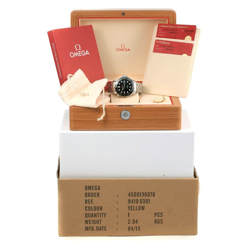 The image shows the Omega Seamaster 212.30.41.20.01.003 Men
s Stainless Steel Black Dial 212.30.41.20.01.003 Men
s Stainless Steel Black Dial watch displayed inside a wooden box, along with its warranty cards, instruction manual, and protective pouch.