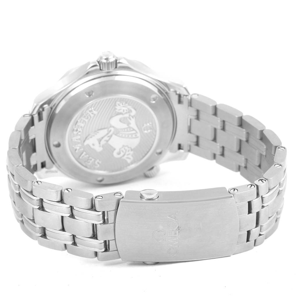 The image shows the backside and bracelet of an Omega Seamaster 212.30.41.20.01.003 Men
s Stainless Steel Black Dial 212.30.41.20.01.003 Men
s Stainless Steel Black Dial watch, highlighting the case back details and the clasp.