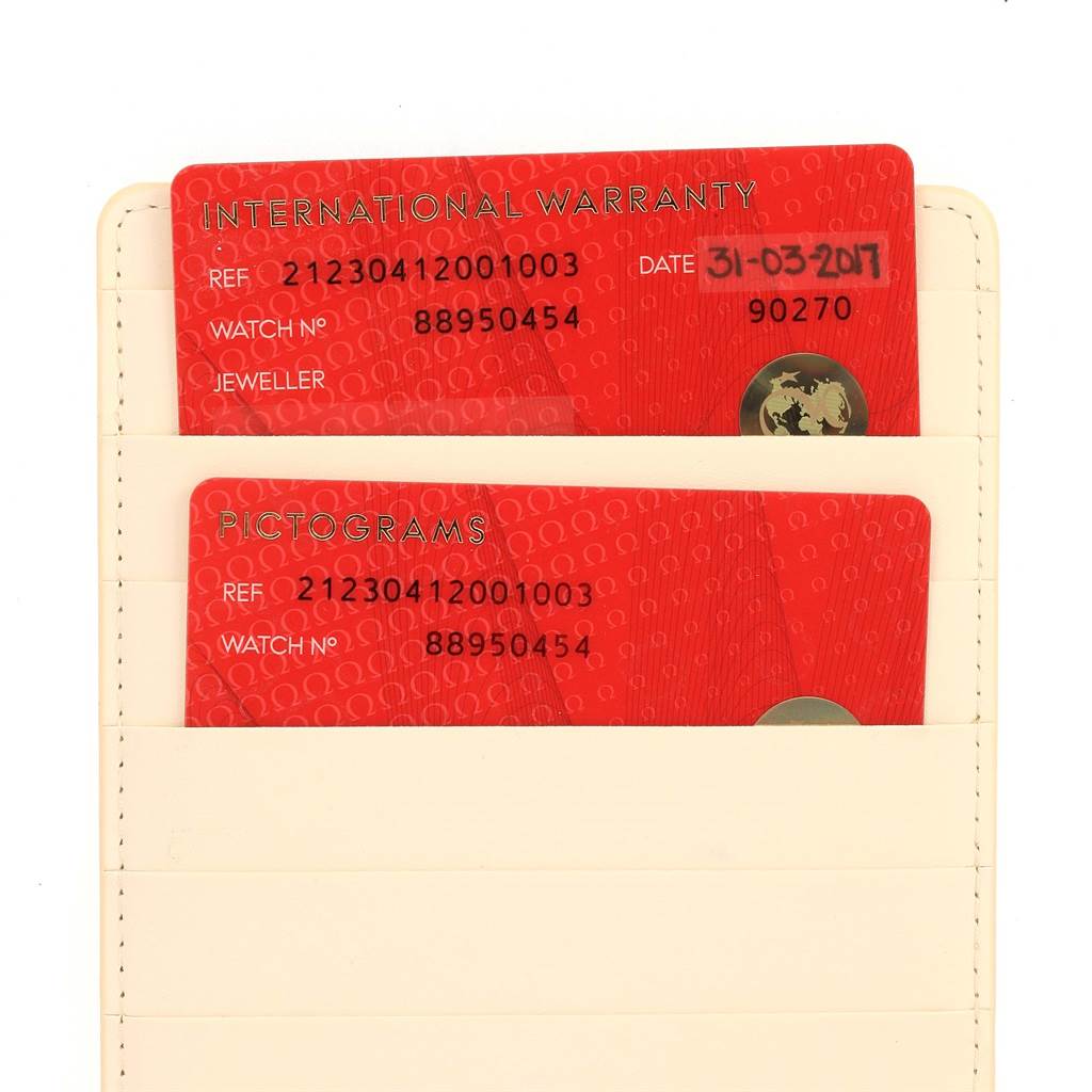 The image shows the International Warranty and Pictograms cards for the Omega Seamaster 212.30.41.20.01.003 Men
s Stainless Steel Black Dial 212.30.41.20.01.003 Men
s Stainless Steel Black Dial model.