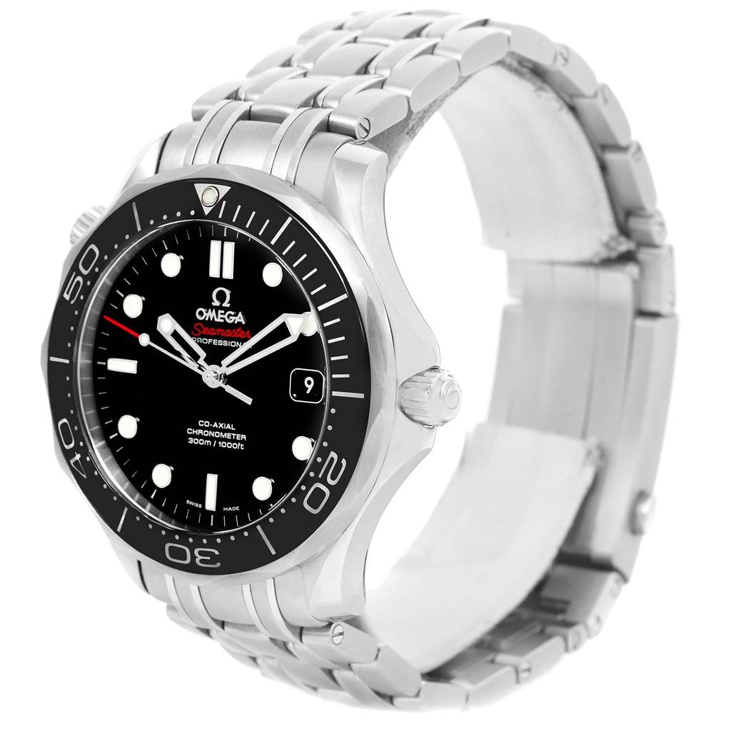 The Omega Seamaster 212.30.41.20.01.003 Men
s Stainless Steel Black Dial 212.30.41.20.01.003 Men
s Stainless Steel Black Dial watch is shown from a front-angled view, highlighting the bezel, dial, and part of the metal bracelet.